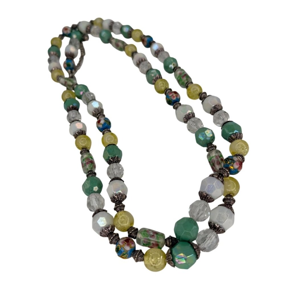 Vintage 1980s 48” Long Beaded Necklace Wrap Style Art Glass Silvertone - Picture 7 of 9